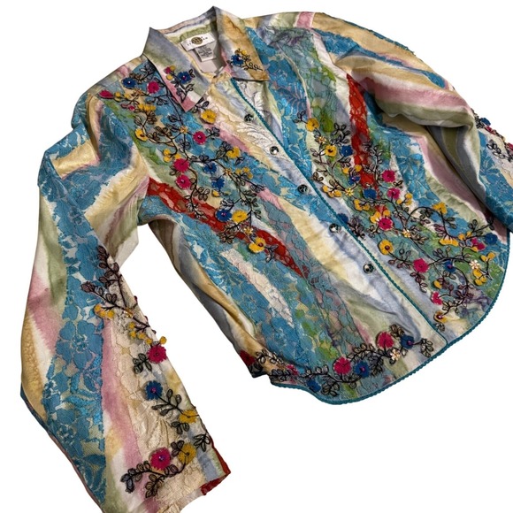 Sandy Starkman‎ Womens Shirt Medium VTG Embroidered Embellished Button Down - Picture 3 of 8